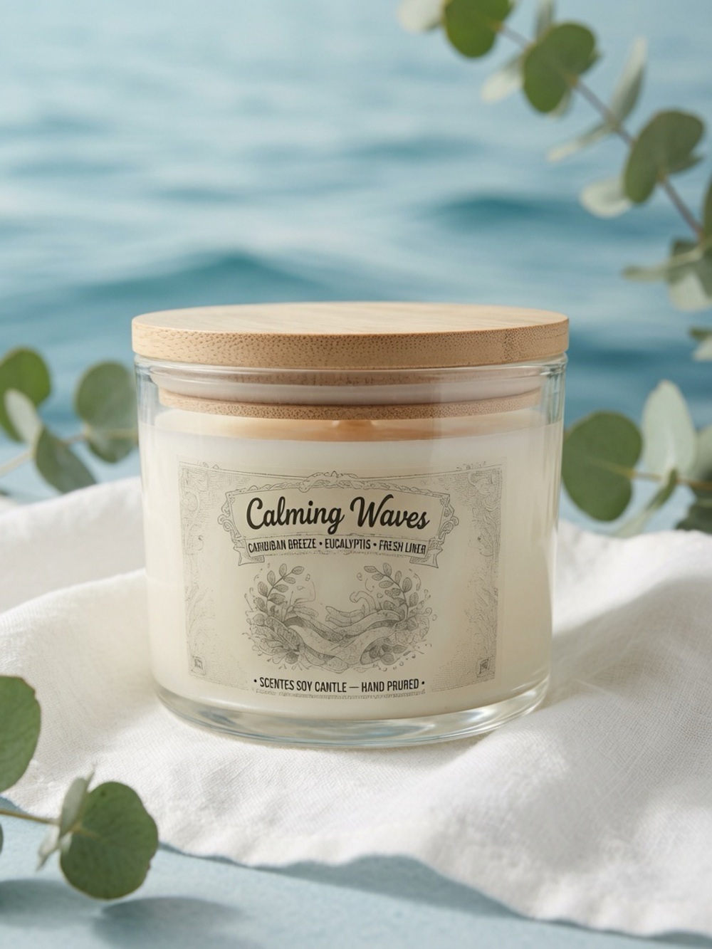 16oz 3-Wick Calming Waves Candle | Caribbean Breeze Eucalyptus Fresh Linen